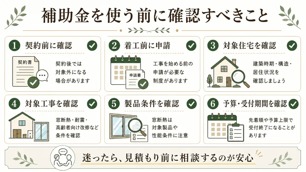 リフォーム補助金を使う前に確認すべきことをまとめたインフォグラフィック