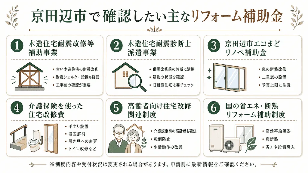京田辺市で確認したいリフォーム補助金をまとめたインフォグラフィック