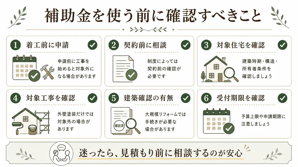 寝屋川市のリフォーム補助金を使う前に確認すべきことをまとめたインフォグラフィック