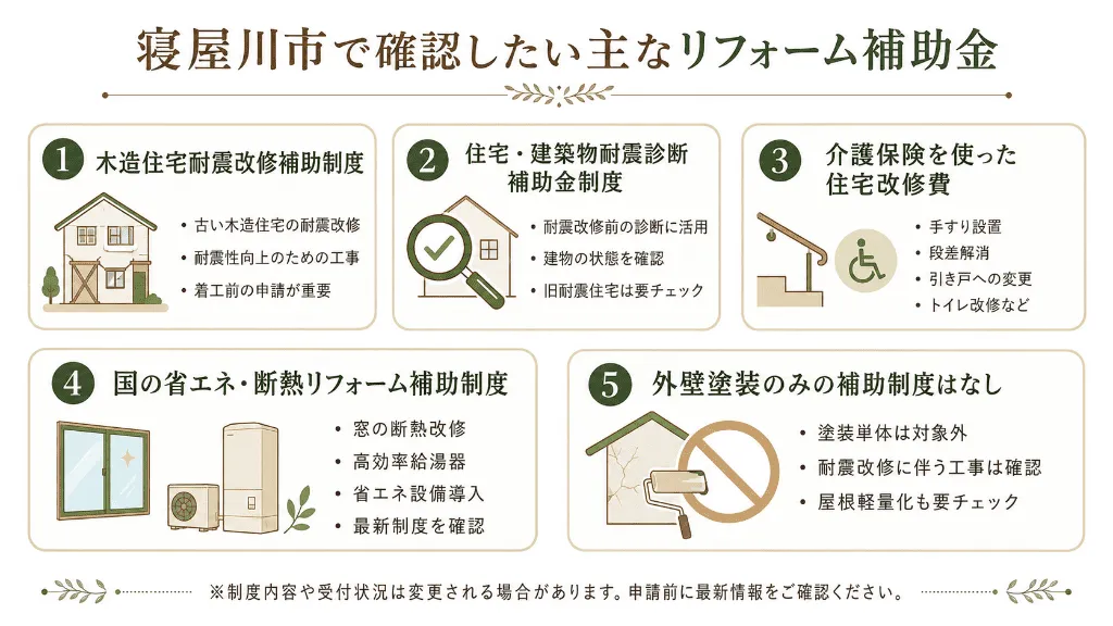 寝屋川市で確認したいリフォーム補助金をまとめたインフォグラフィック