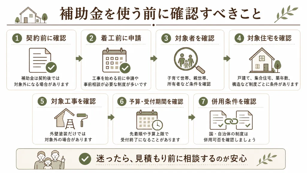 リフォーム補助金を使う前に確認すべきことをまとめたインフォグラフィック